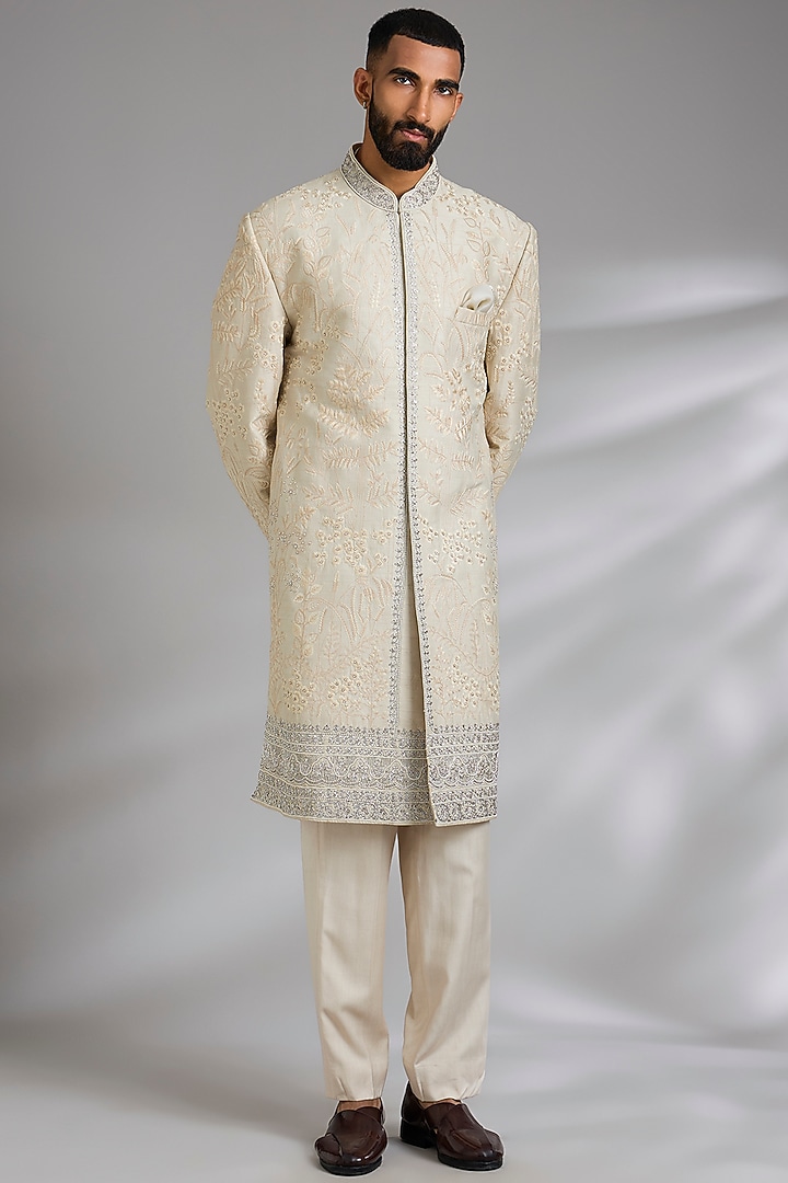 Grey Raw Silk Groom Indowestern Set by Anushree Reddy Men at Pernia's Pop Up Shop