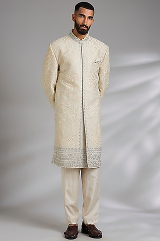 Grey Raw Silk Indowestern Set by Anushree Reddy Men