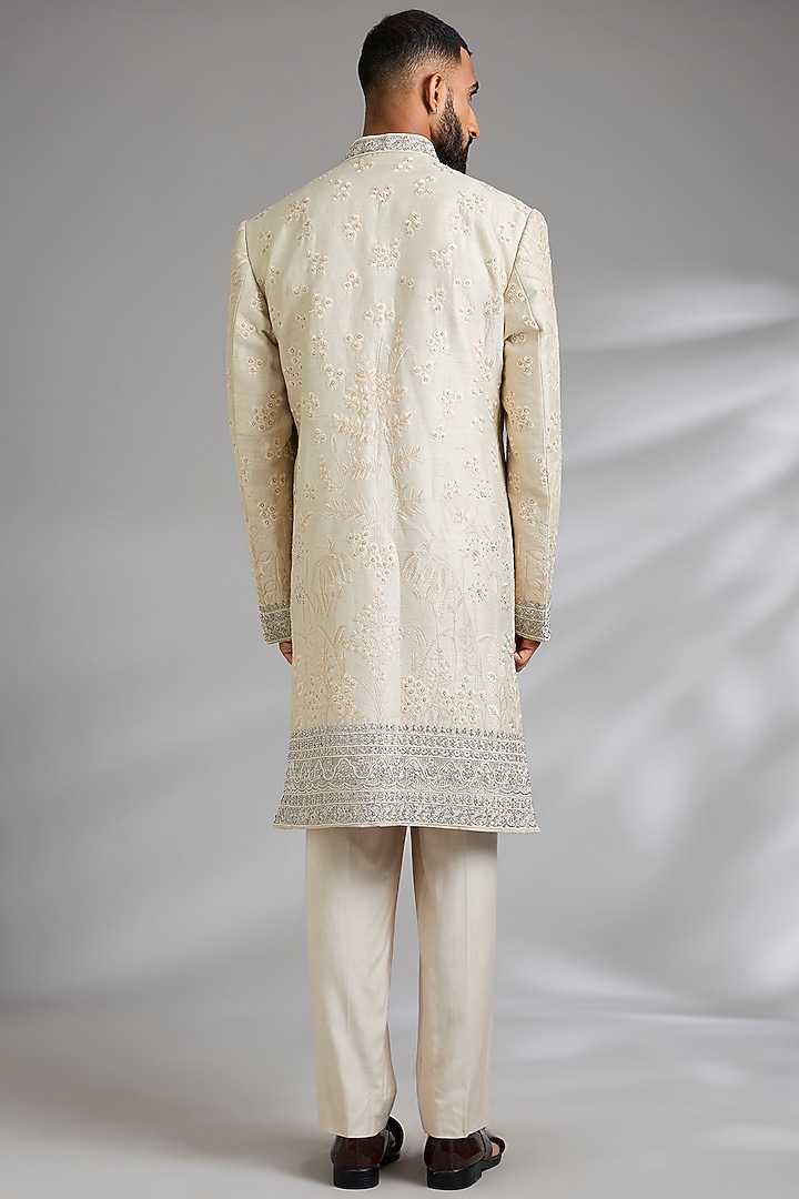 Grey Raw Silk Groom Indowestern Set by Anushree Reddy Men at Pernia's Pop Up Shop