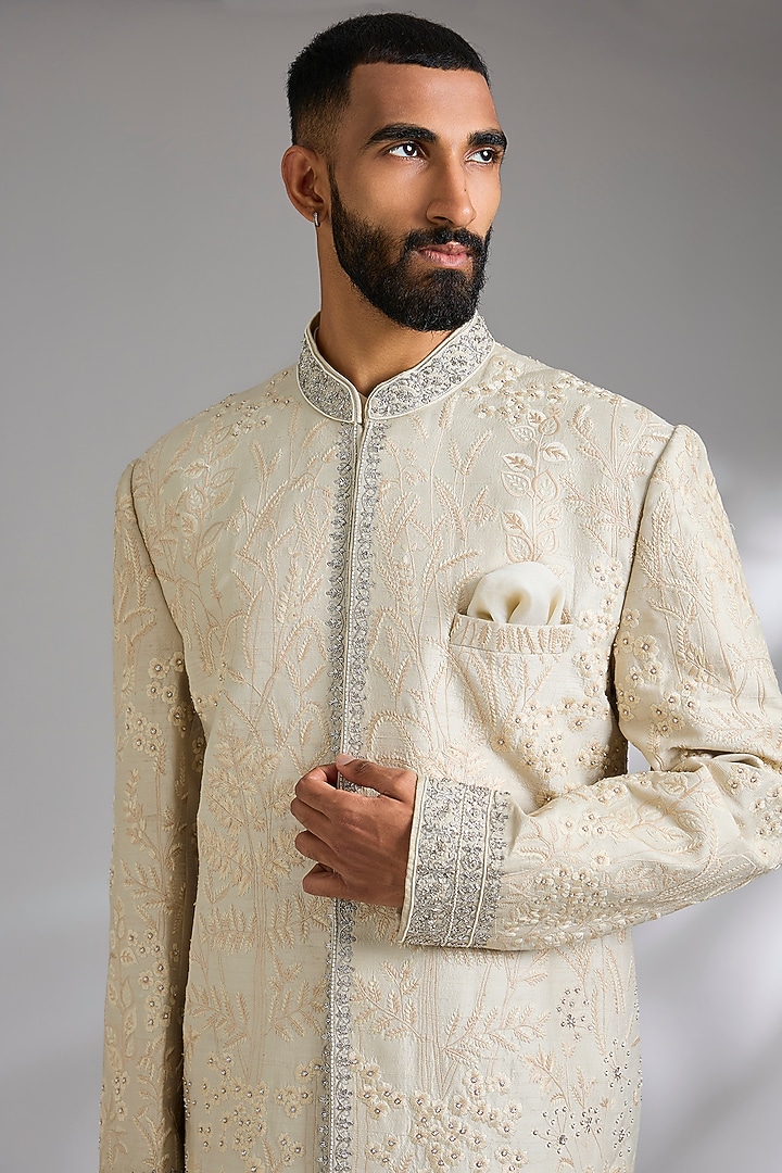 Grey Raw Silk Groom Indowestern Set by Anushree Reddy Men at Pernia's Pop Up Shop