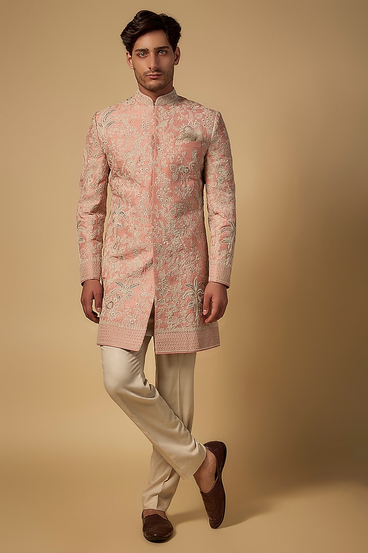 Peach Raw Silk Embroidered Groom Sherwani Set by Anushree Reddy Men at Pernia's Pop Up Shop