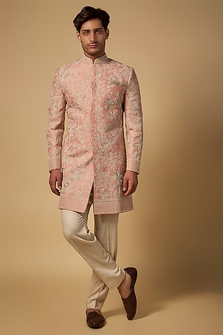 Peach Raw Silk Embroidered Sherwani Set by Anushree Reddy Men