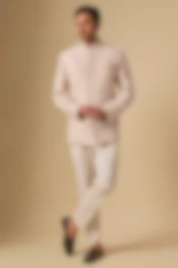 Champagne Raw Silk Embroidered Bandhgala Set by Anushree Reddy Men at Pernia's Pop Up Shop