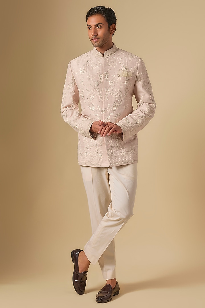 Champagne Raw Silk Embroidered Bandhgala Set by Anushree Reddy Men at Pernia's Pop Up Shop