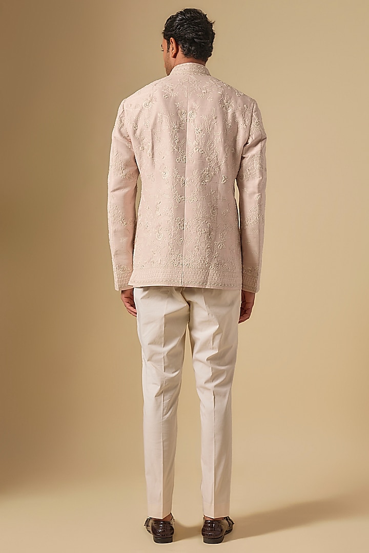 Champagne Raw Silk Embroidered Bandhgala Set by Anushree Reddy Men at Pernia's Pop Up Shop