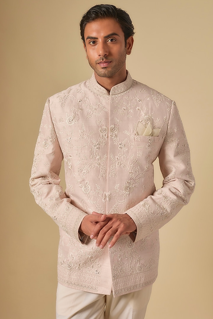 Champagne Raw Silk Embroidered Bandhgala Set by Anushree Reddy Men at Pernia's Pop Up Shop