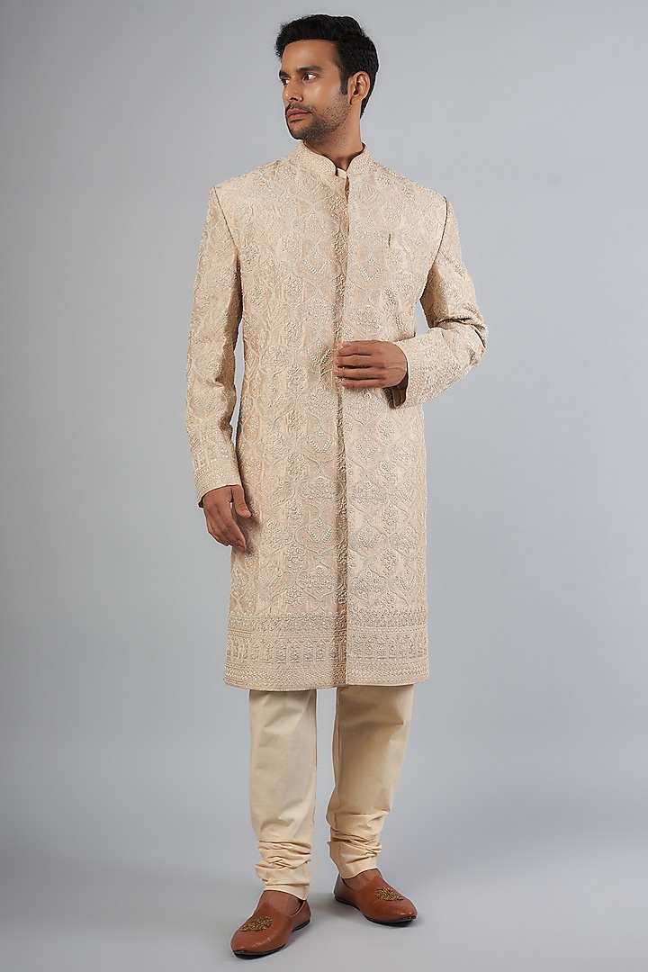 Ivory Raw Silk & Cotton Embroidered Sherwani Set by Anushree Reddy Men