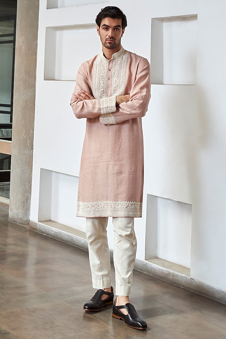 Ivory Pink Chanderi Kurta Set by Anushree Reddy Men