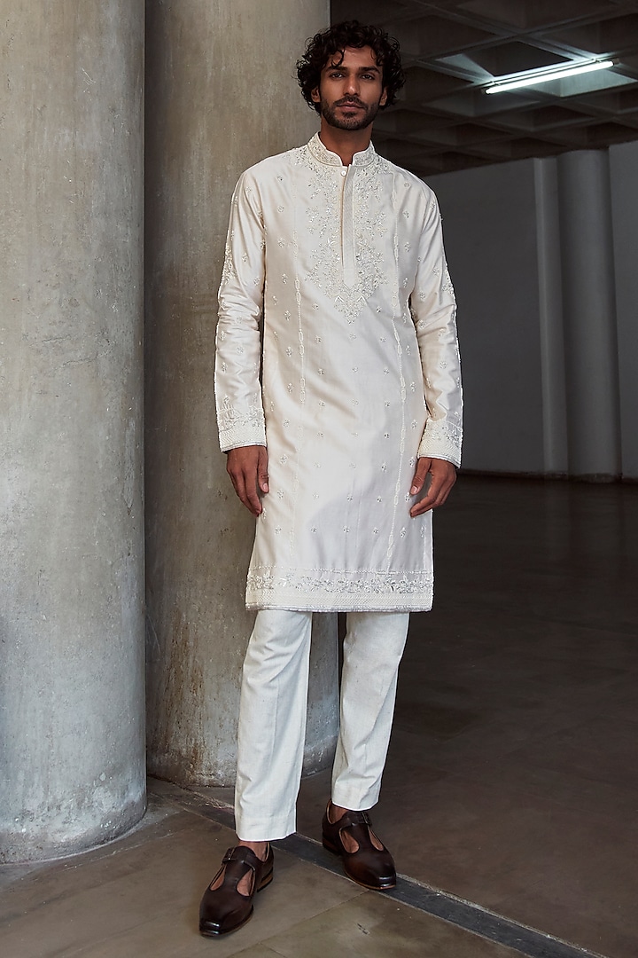 Ivory Chanderi Pearl Embroidered Kurta Set by Anushree Reddy Men