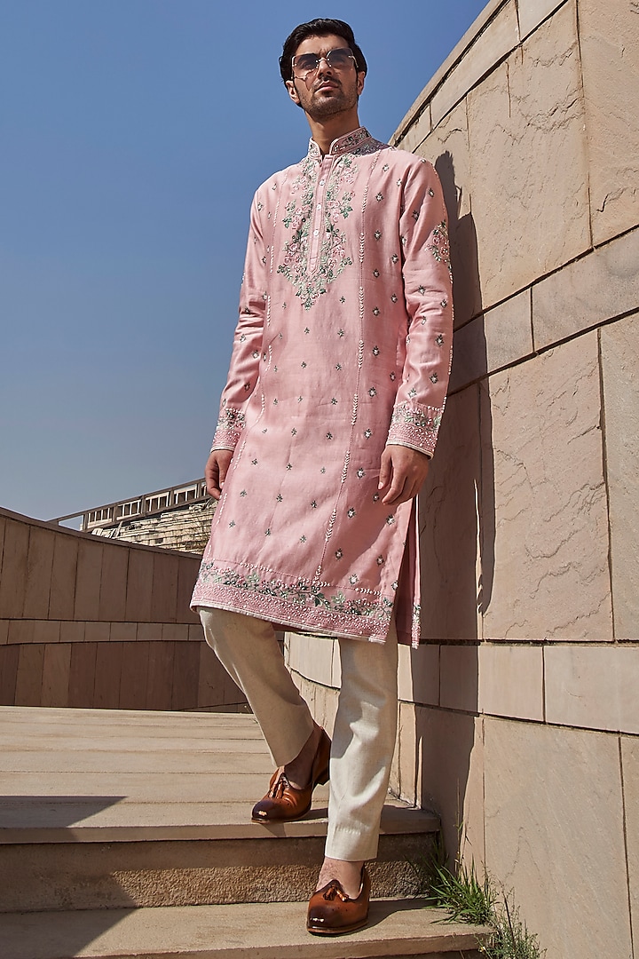 Soft Pink Chanderi Kurta Set by Anushree Reddy Men