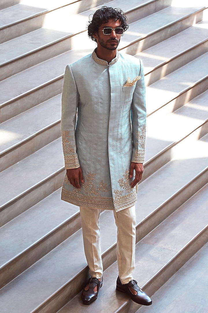 Powder Blue Silk Zardosi Placement Work Groom Sherwani Set by Anushree Reddy Men at Pernia's Pop Up Shop