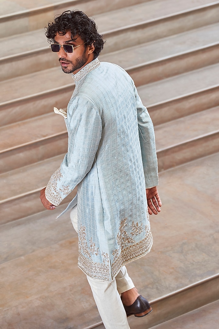 Powder Blue Silk Zardosi Placement Work Groom Sherwani Set by Anushree Reddy Men at Pernia's Pop Up Shop