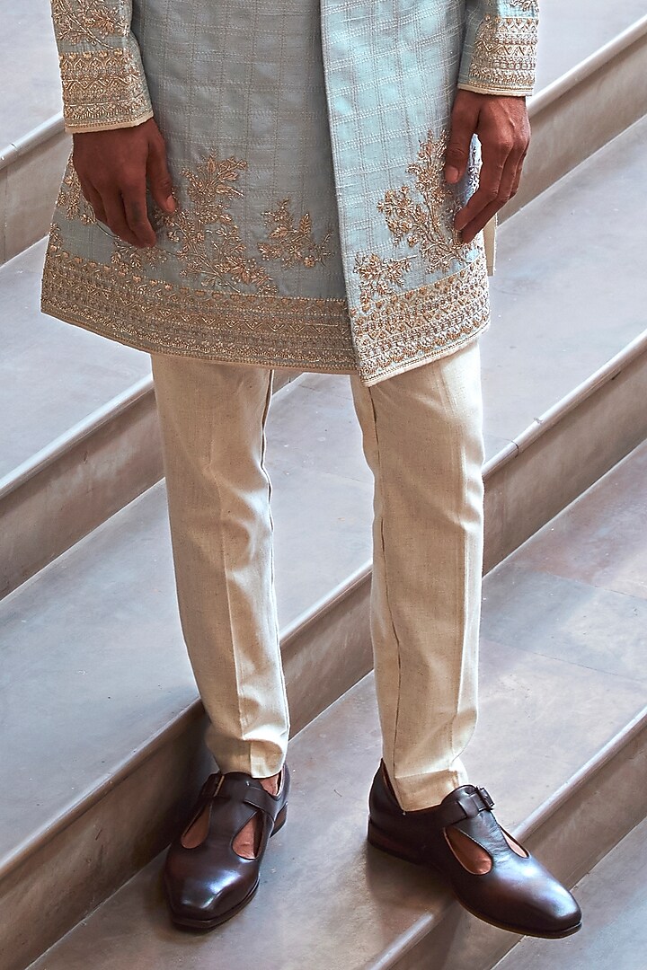 Powder Blue Silk Zardosi Placement Work Groom Sherwani Set by Anushree Reddy Men at Pernia's Pop Up Shop