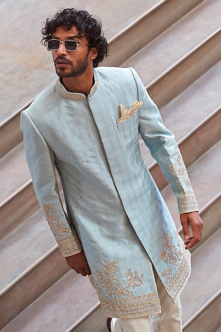 Powder Blue Silk Zardosi Placement Work Groom Sherwani Set by Anushree Reddy Men at Pernia's Pop Up Shop