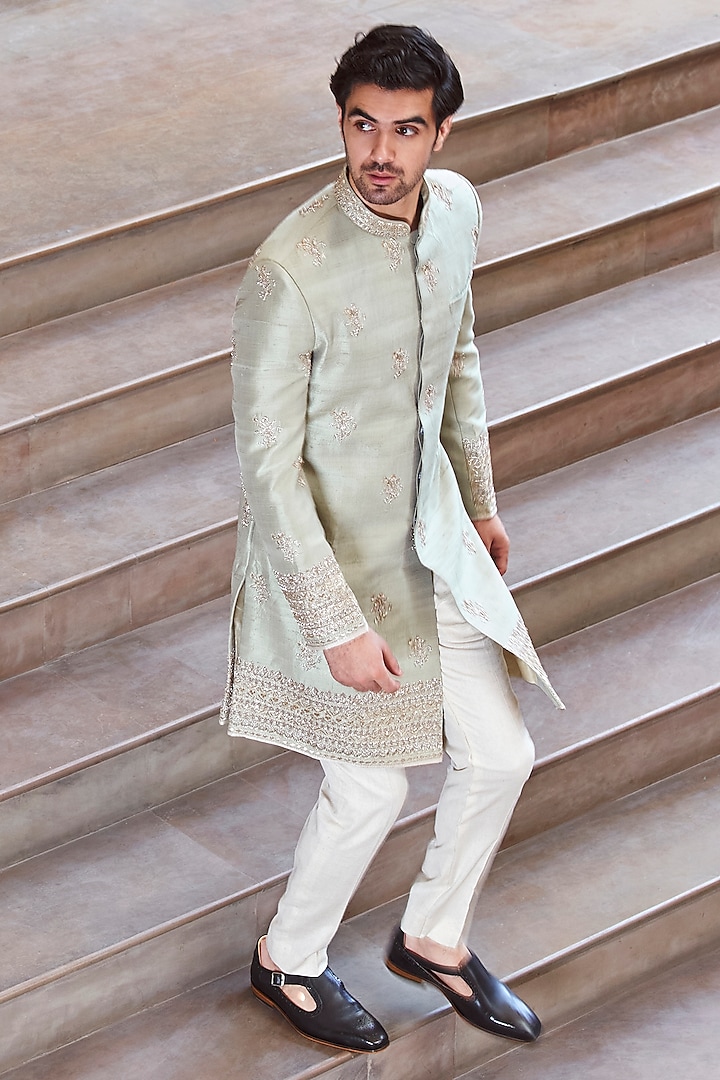 Mint Green Raw Silk Zardosi Boota Work Sherwani Set by Anushree Reddy Men