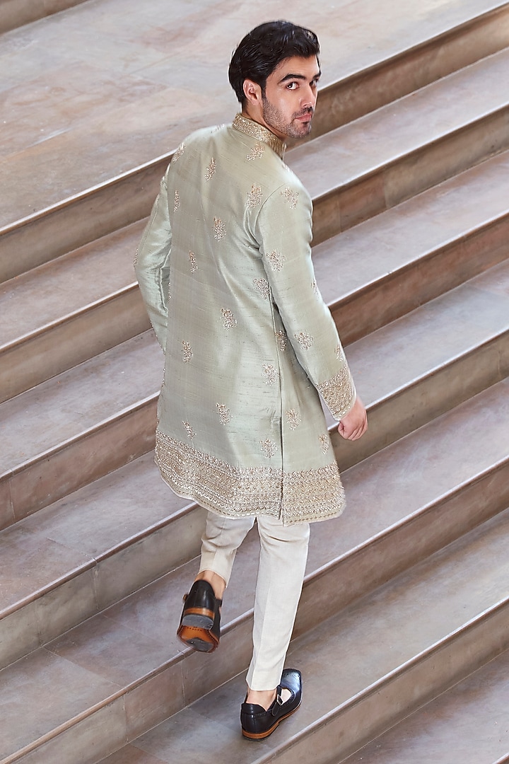 Mint Green Raw Silk Zardosi Boota Work Groom Sherwani Set by Anushree Reddy Men at Pernia's Pop Up Shop