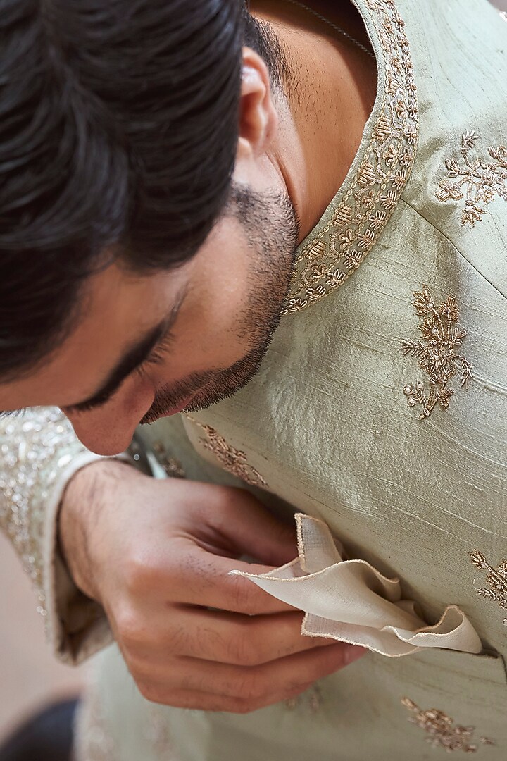 Mint Green Raw Silk Zardosi Boota Work Groom Sherwani Set by Anushree Reddy Men at Pernia's Pop Up Shop