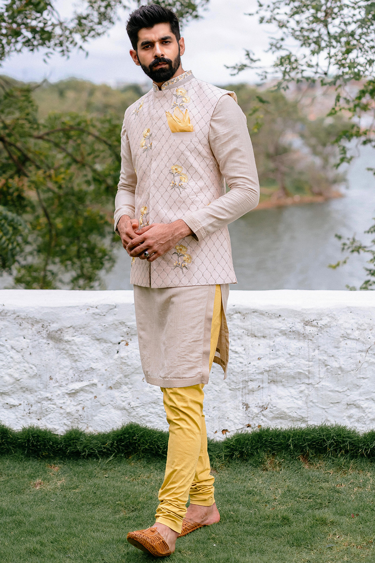 Ivory Kurta Set With Bundi Jacket by Anushree Reddy Men