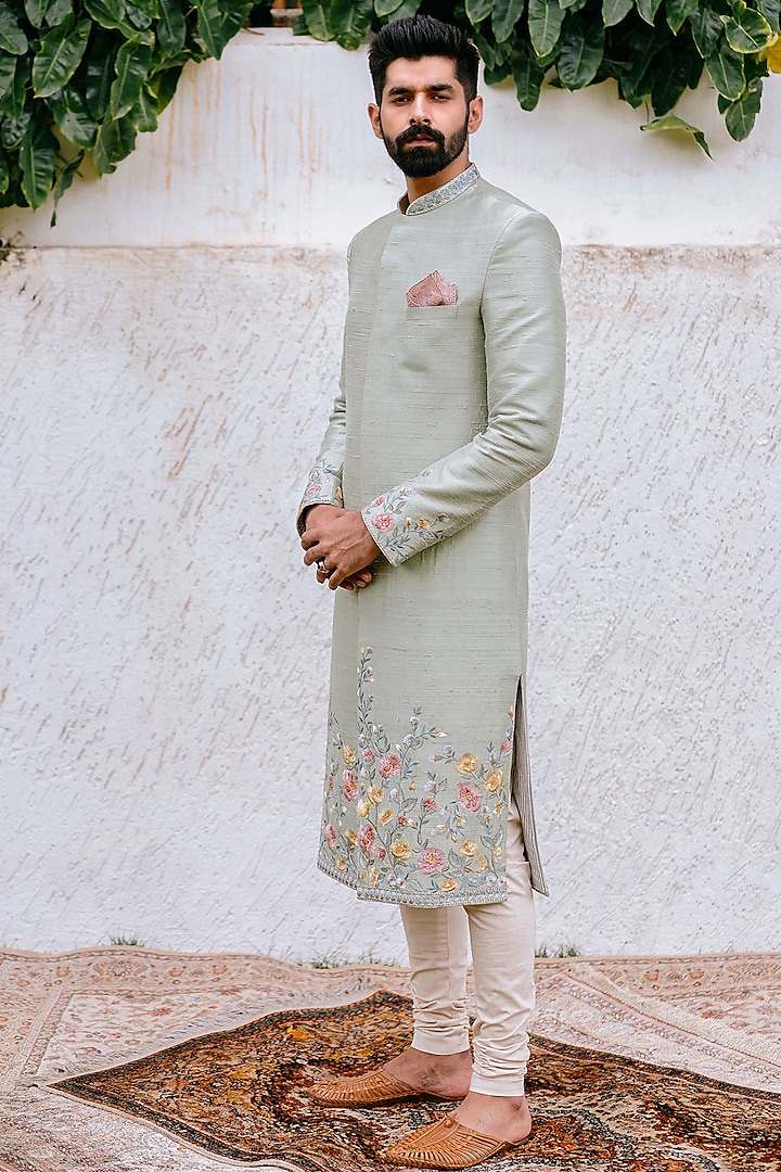 Tiffany Blue Floral Embroidered Sherwani Set by Anushree Reddy Men