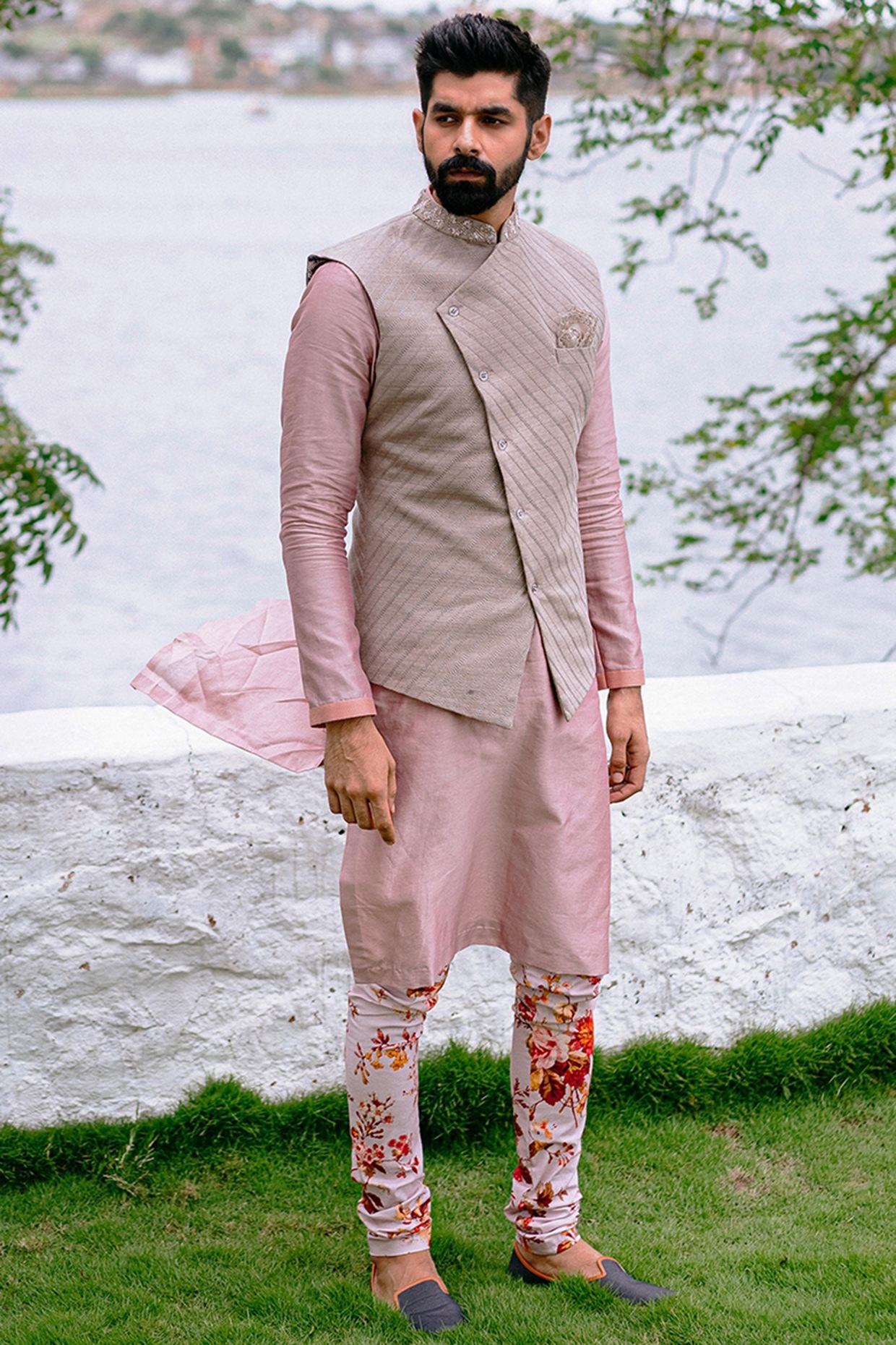 Embroidered Art Silk Kurta Jacket Set in Light Pink : MLY648