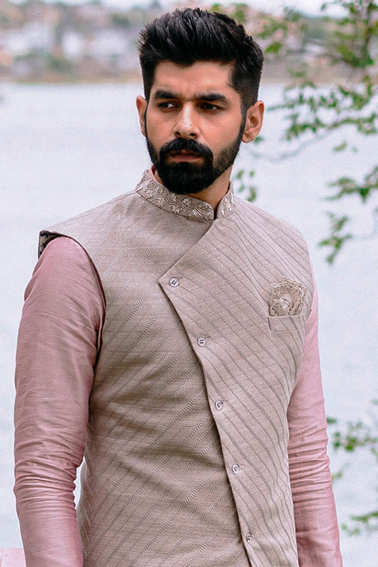 Men's Pink & Cream Digital Printed Thread Work Kurta with Pyjamas & Nehru  Jacket