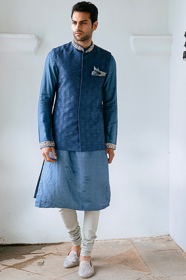 Blue Bundi Jacket With Kurta Set by Anushree Reddy Men