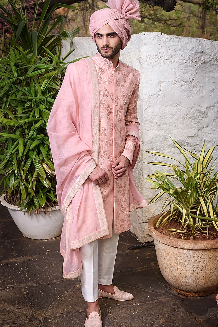 Baby Pink Thread Embroidered Sherwani Set by Anushree Reddy Men