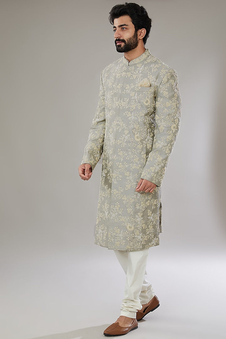 Powder Blue Tissue Raw Silk Embroidered Sherwani Set by Anushree Reddy Men