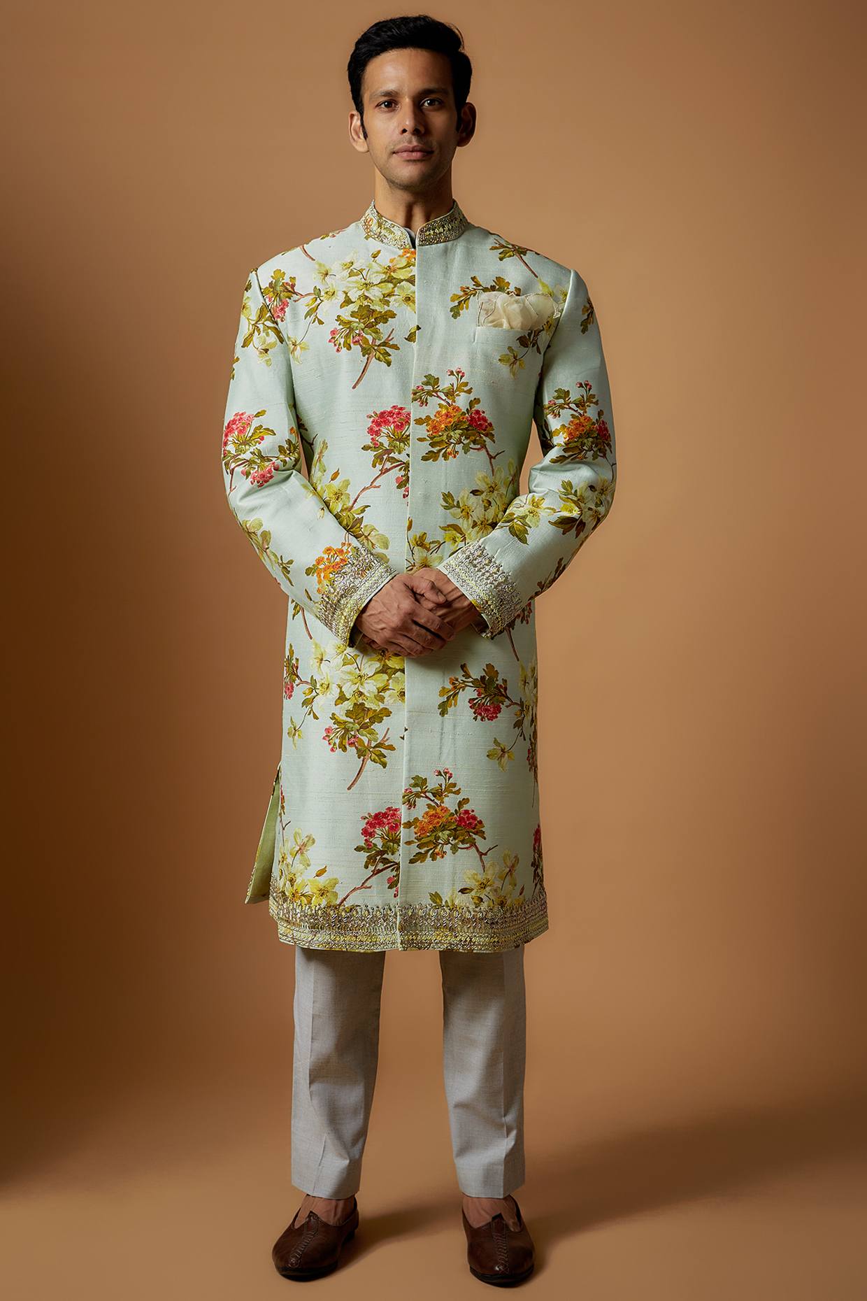 Light Blue Raw Silk Floral Printed Sherwani Set by Anushree Reddy Men