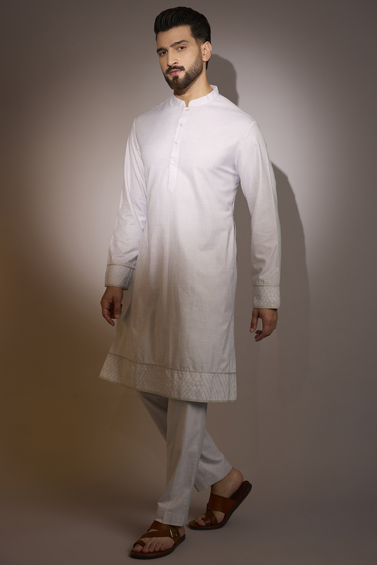 Dusty Pink Slub Cotton Embroidered Kurta Set by Anushree Reddy Men