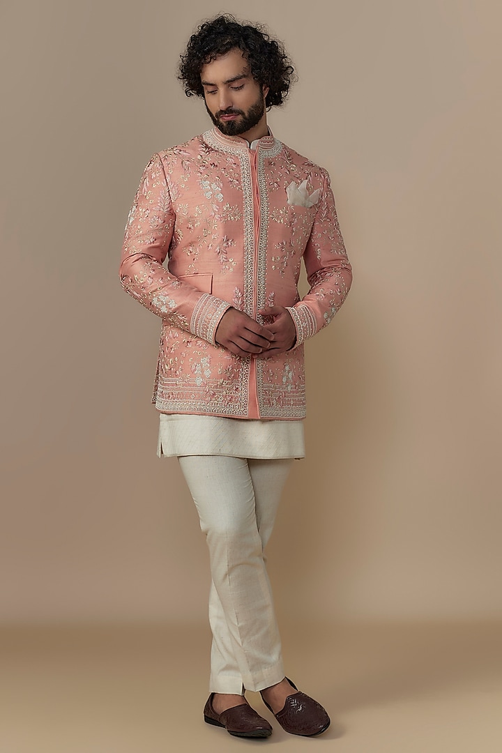 Dusty Rose Raw Silk Bandhgala Set by Anushree Reddy Men