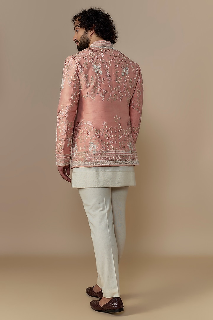 Dusty Rose Raw Silk Groom Bandhgala Set by Anushree Reddy Men at Pernia's Pop Up Shop