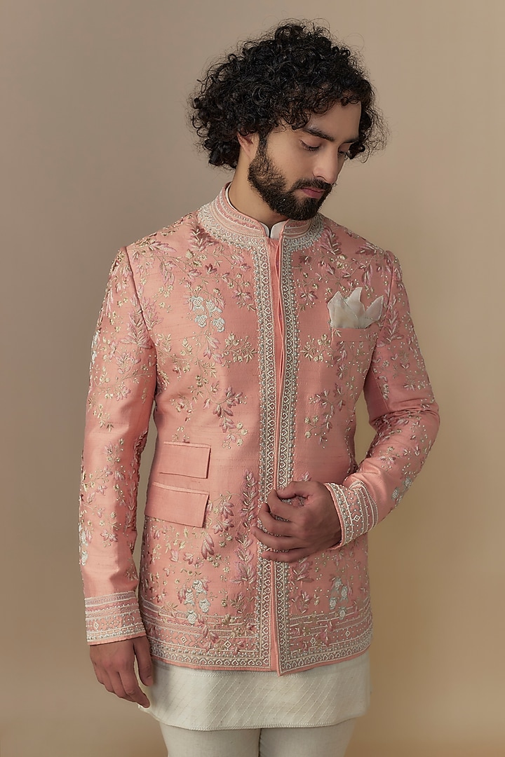 Dusty Rose Raw Silk Groom Bandhgala Set by Anushree Reddy Men at Pernia's Pop Up Shop