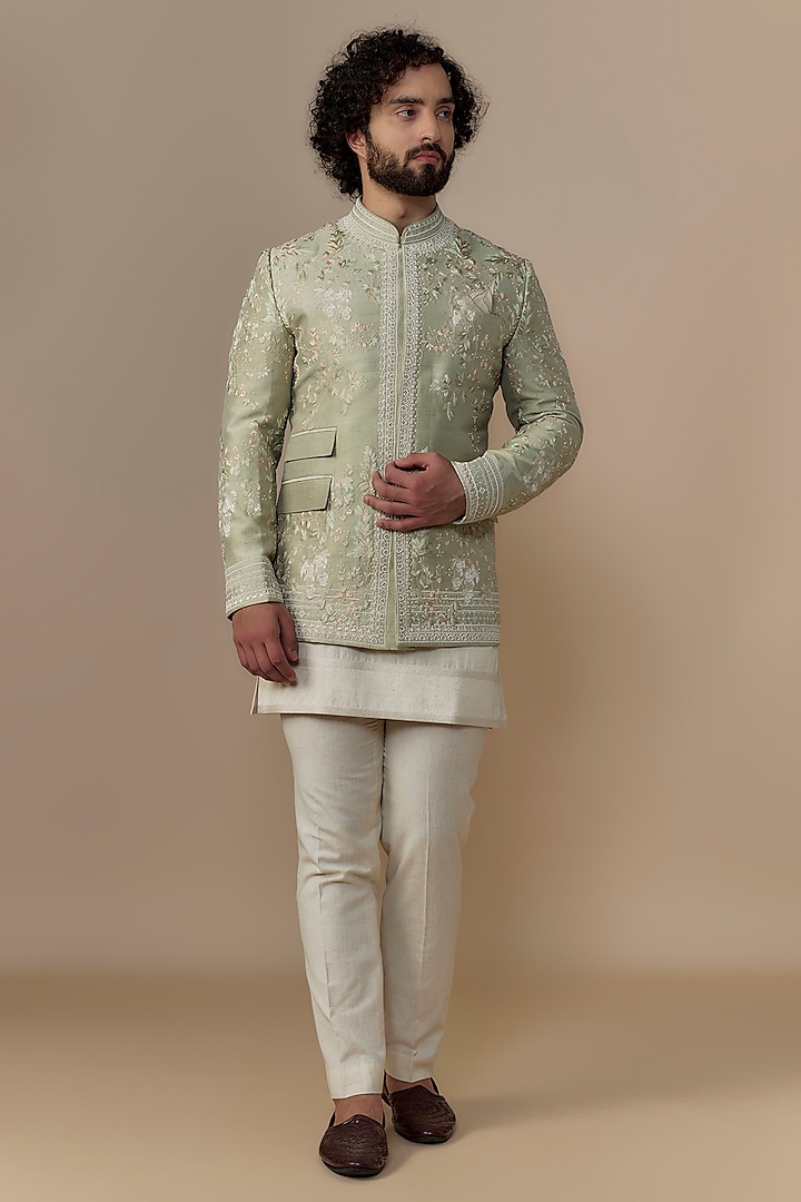 Mint Green Raw Silk Bandhgala Set by Anushree Reddy Men