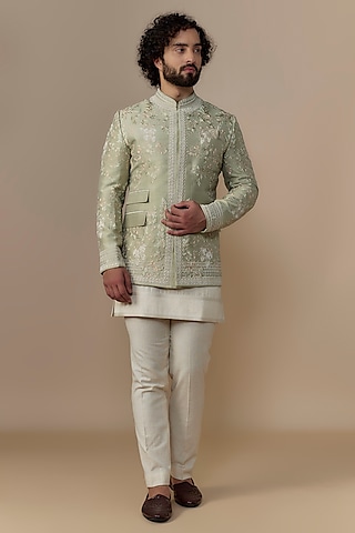 Mint Green Raw Silk Bandhgala Set by Anushree Reddy Men