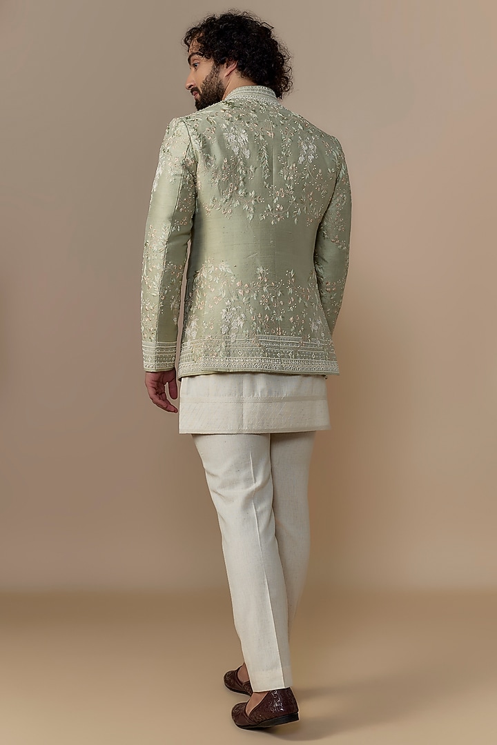 Mint Green Raw Silk Groom Bandhgala Set by Anushree Reddy Men at Pernia's Pop Up Shop