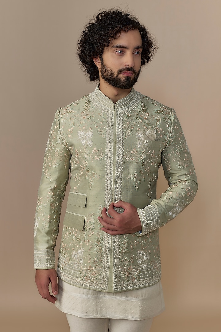 Mint Green Raw Silk Groom Bandhgala Set by Anushree Reddy Men at Pernia's Pop Up Shop