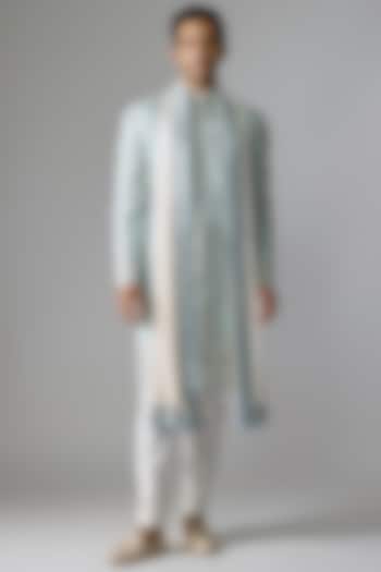 Aqua Blue Raw Silk Groom Sherwani Set by Anushree Reddy Men at Pernia's Pop Up Shop