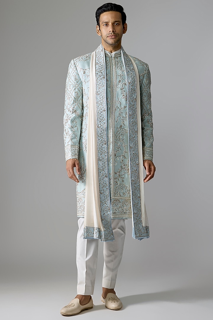 Aqua Blue Raw Silk Groom Sherwani Set by Anushree Reddy Men at Pernia's Pop Up Shop