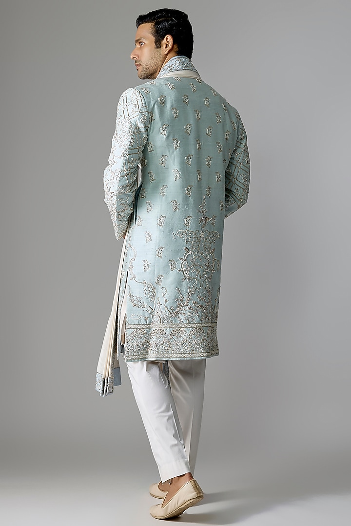 Aqua Blue Raw Silk Groom Sherwani Set by Anushree Reddy Men at Pernia's Pop Up Shop