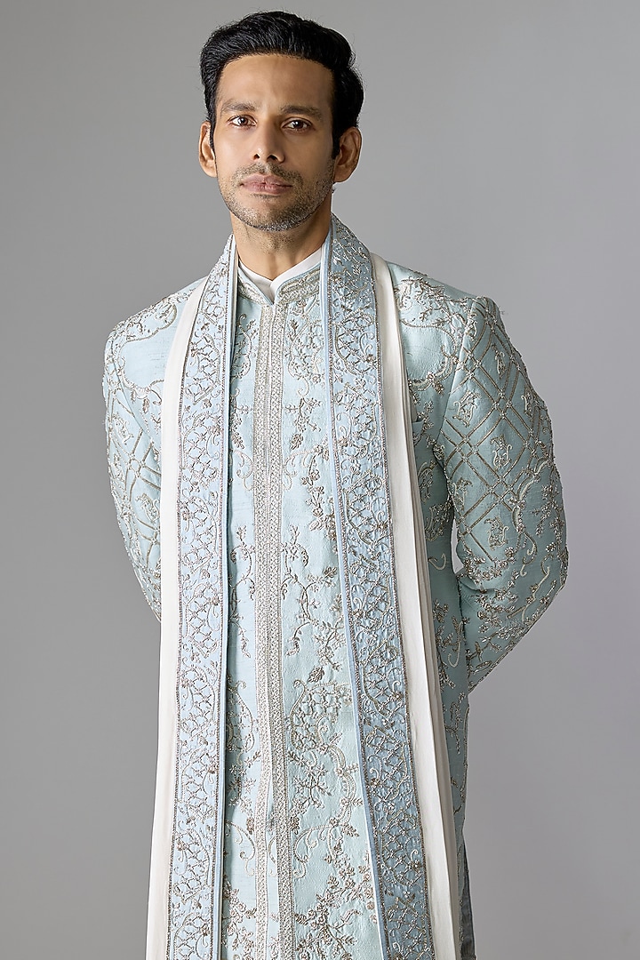 Aqua Blue Raw Silk Groom Sherwani Set by Anushree Reddy Men at Pernia's Pop Up Shop