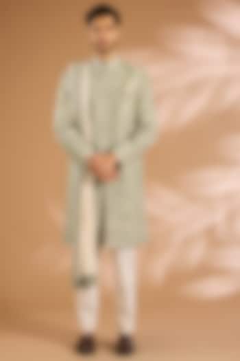 Sage Green Raw Silk Groom Sherwani Set by Anushree Reddy Men at Pernia's Pop Up Shop