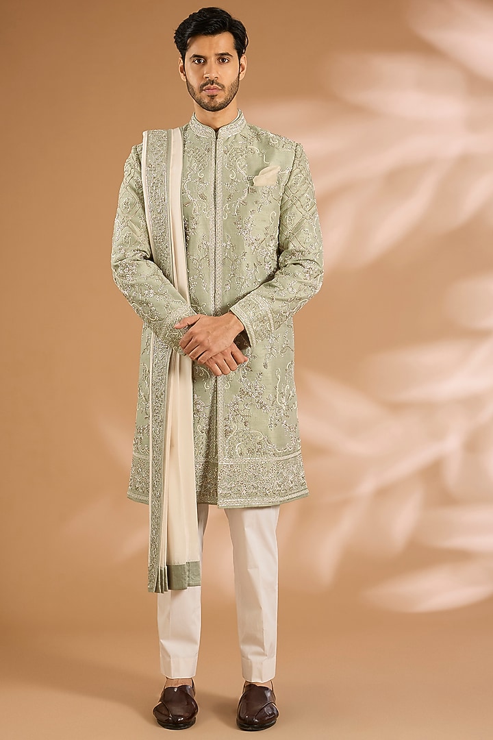 Sage Green Raw Silk Groom Sherwani Set by Anushree Reddy Men at Pernia's Pop Up Shop