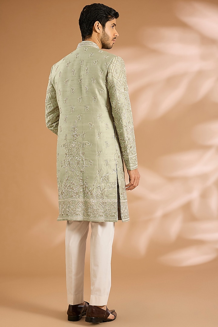 Sage Green Raw Silk Groom Sherwani Set by Anushree Reddy Men at Pernia's Pop Up Shop