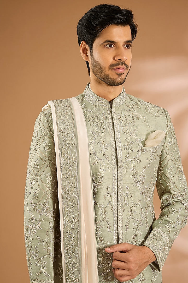 Sage Green Raw Silk Groom Sherwani Set by Anushree Reddy Men at Pernia's Pop Up Shop