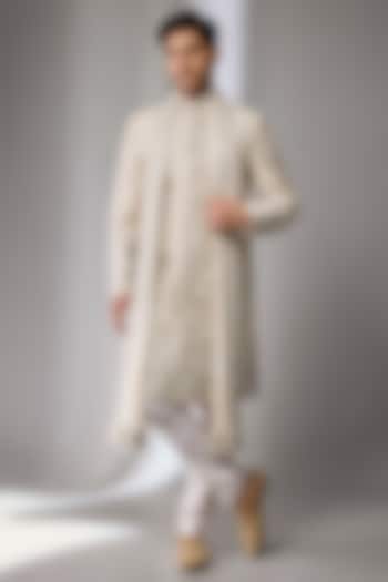 Ivory Raw Silk Embroidered Groom Sherwani Set by Anushree Reddy Men at Pernia's Pop Up Shop