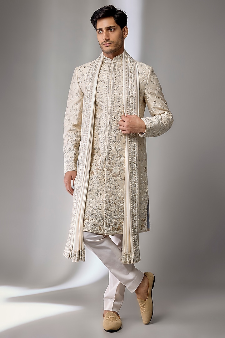 Ivory Raw Silk Embroidered Groom Sherwani Set by Anushree Reddy Men at Pernia's Pop Up Shop