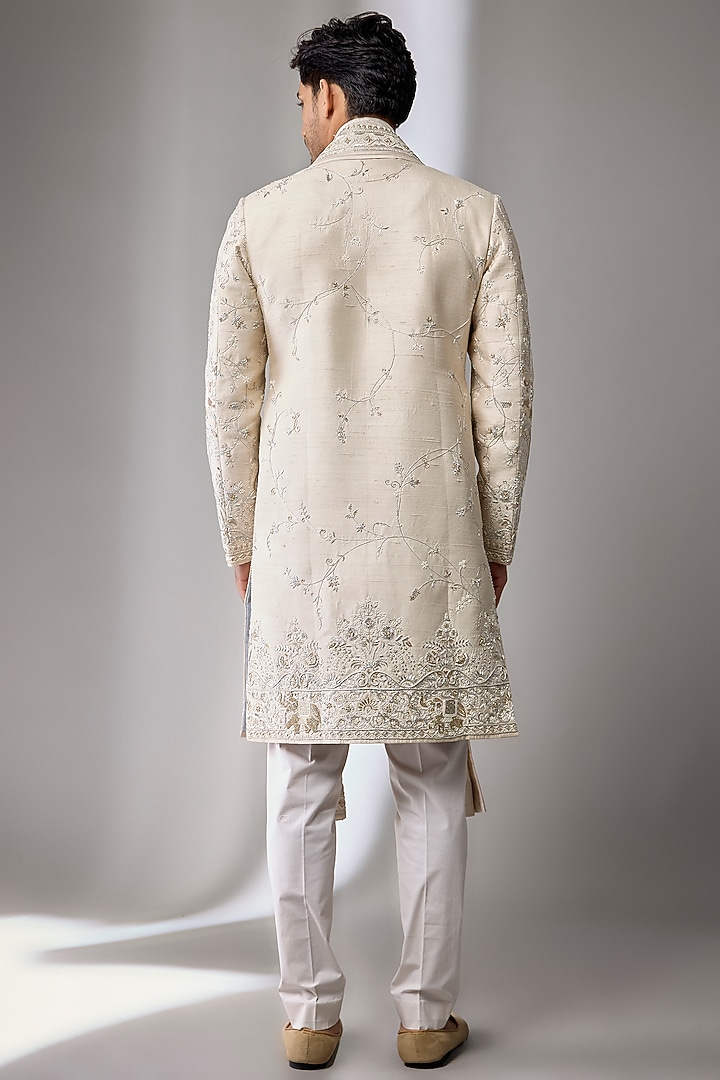 Ivory Raw Silk Embroidered Groom Sherwani Set by Anushree Reddy Men at Pernia's Pop Up Shop