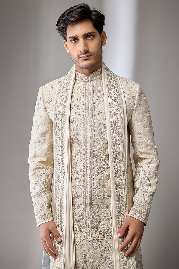 Ivory Raw Silk Embroidered Groom Sherwani Set by Anushree Reddy Men at Pernia's Pop Up Shop
