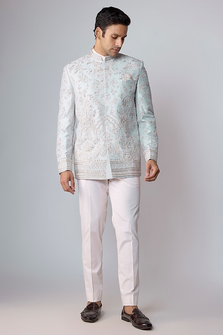 Light Purple Raw Silk Groom Bandhgala Set by Anushree Reddy Men at Pernia's Pop Up Shop
